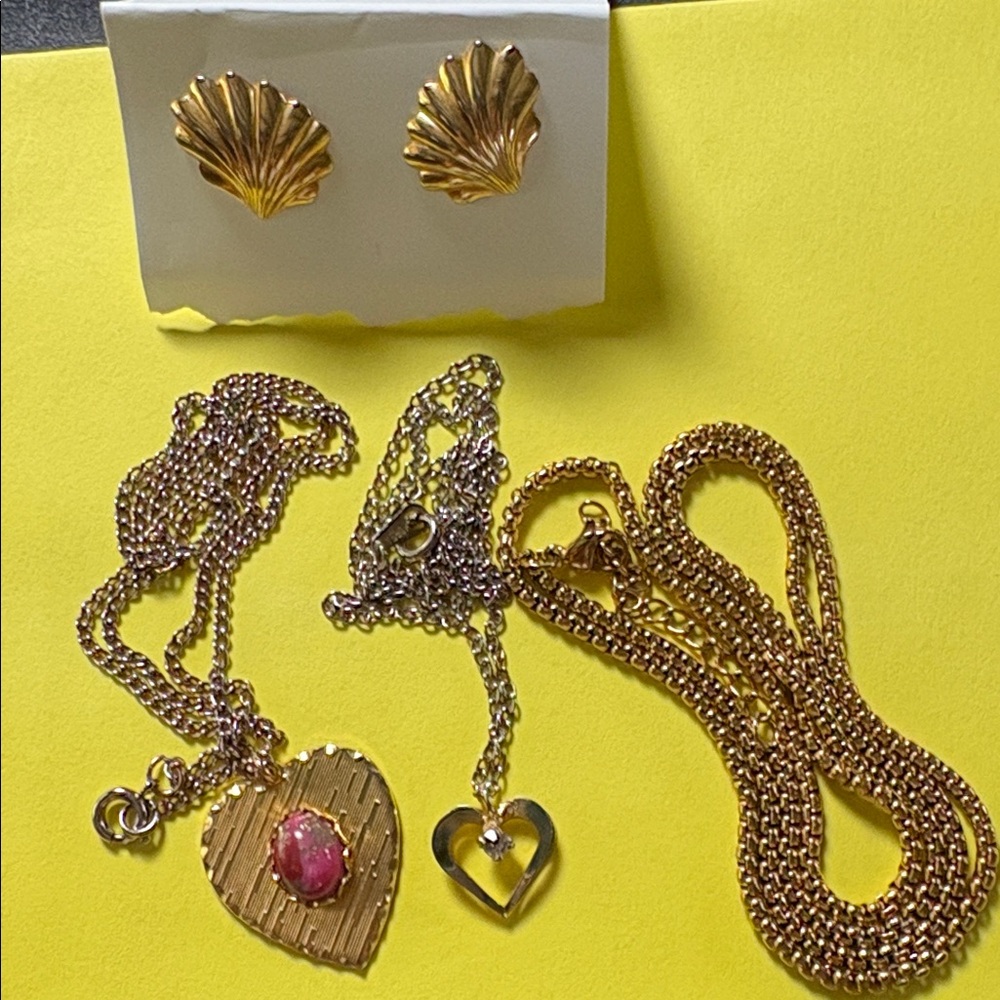 Gold and Silver Heart Pendant Necklaces, chain, earrings